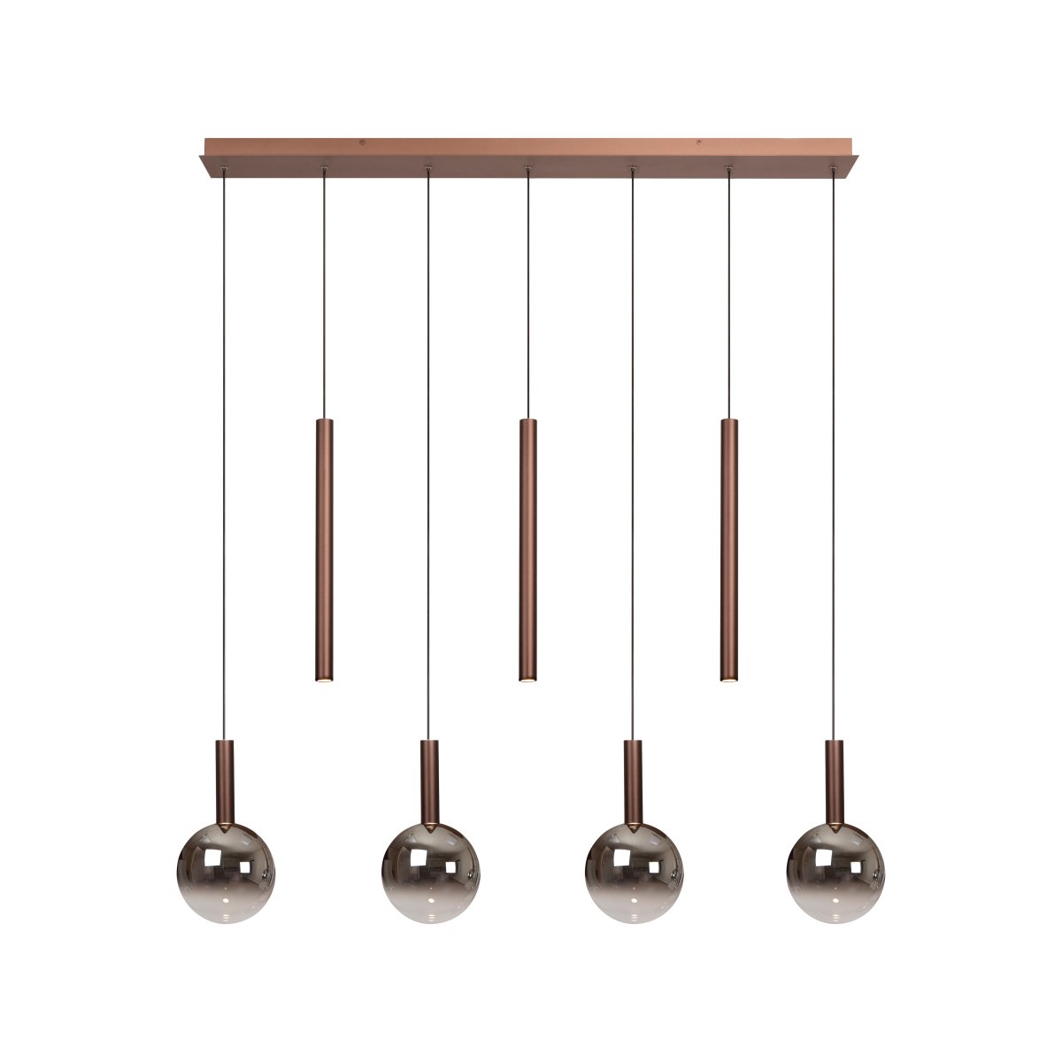 Jamsine 137cm Koper hanglamp Van Lucide - De rookglazen kappen verspreiden een warm en aangenaam licht, terwijl de drie spots een gericht en helder licht naar beneden geven.