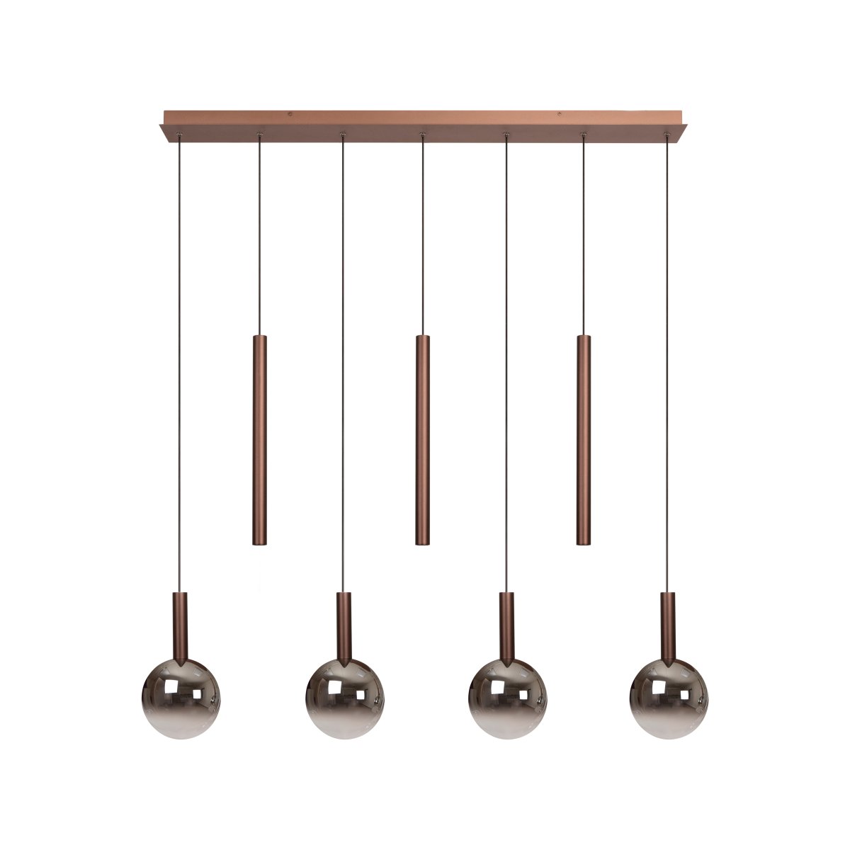 Jamsine 137cm Koper hanglamp Van Lucide - De rookglazen kappen verspreiden een warm en aangenaam licht, terwijl de drie spots een gericht en helder licht naar beneden geven.
