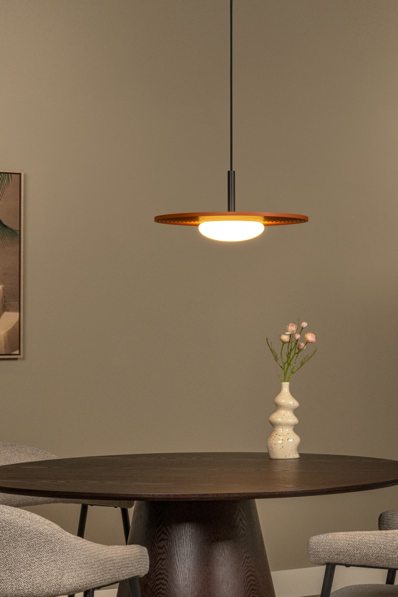 Carmino Ø38 Terracotta hanglamp Van Lucide - De Carmino hanglamp heeft een moderne uitstraling met een platte houten kap in een warme terracotta kleur.