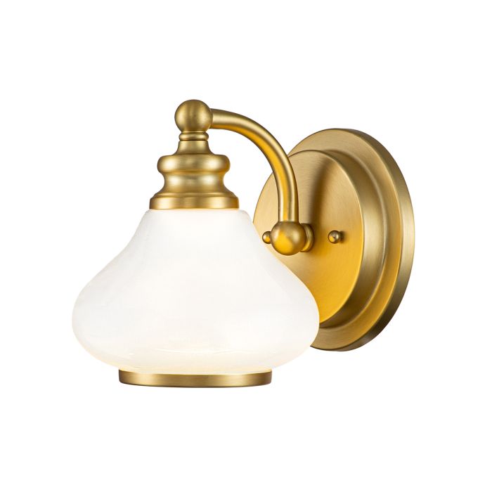 Ainsley Ø16 Geborsteld messing badkamerlamp Van Elstead Lighting - De koepelvormige kap van opaalglas zorgt voor een zacht en aangenaam licht en is gecombineerd met een elegante geborstelde messing afwerking die de finishing touch geeft.