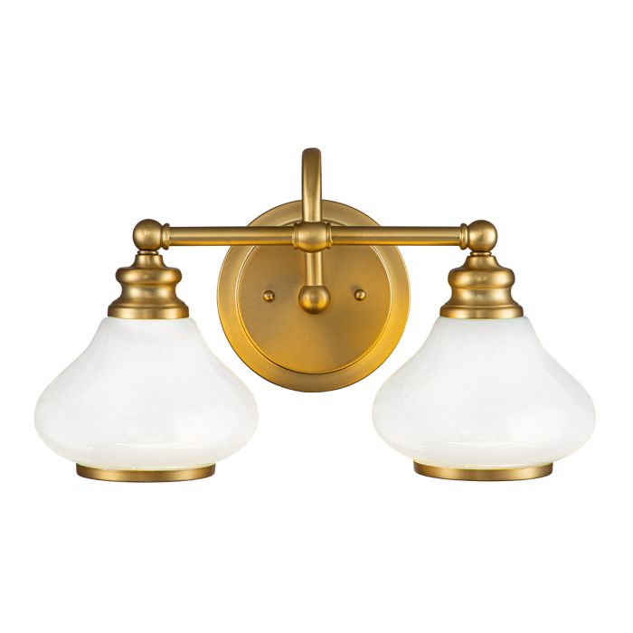 Ainsley 40cm Geborsteld messing badkamerlamp Van Elstead Lighting - De koepelvormige opalen glazen kappen zorgen voor een zacht en aangenaam licht en zijn gecombineerd met een elegante geborstelde messing afwerking die de finishing touch geeft.