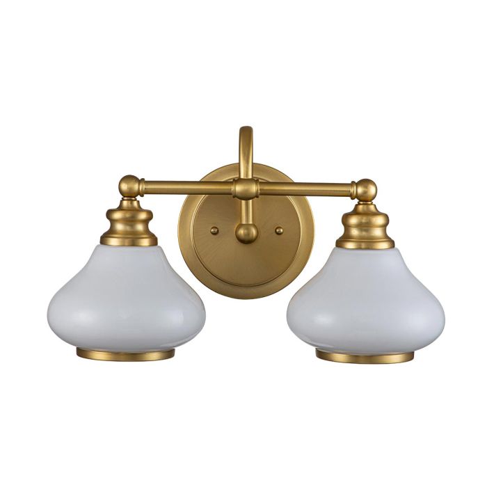 Ainsley 40cm Geborsteld messing badkamerlamp Van Elstead Lighting - De koepelvormige opalen glazen kappen zorgen voor een zacht en aangenaam licht en zijn gecombineerd met een elegante geborstelde messing afwerking die de finishing touch geeft.