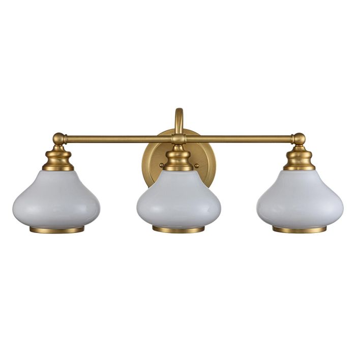 Ainsley 60cm Geborsteld messing badkamerlamp Van Elstead Lighting - De koepelvormige opalen glazen kappen zorgen voor een zacht en aangenaam licht en worden gecombineerd met een elegante geborstelde messing afwerking die de finishing touch geeft.