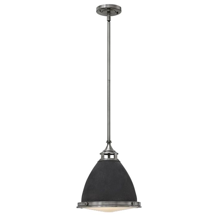 Amelia Ø32 Antiek zink hanglamp Van Elstead Lighting - Kupolen har en etsad prismatisk bottenlins, och denna helmetalliska versionen i antik-zink har en autentisk vintagelook.