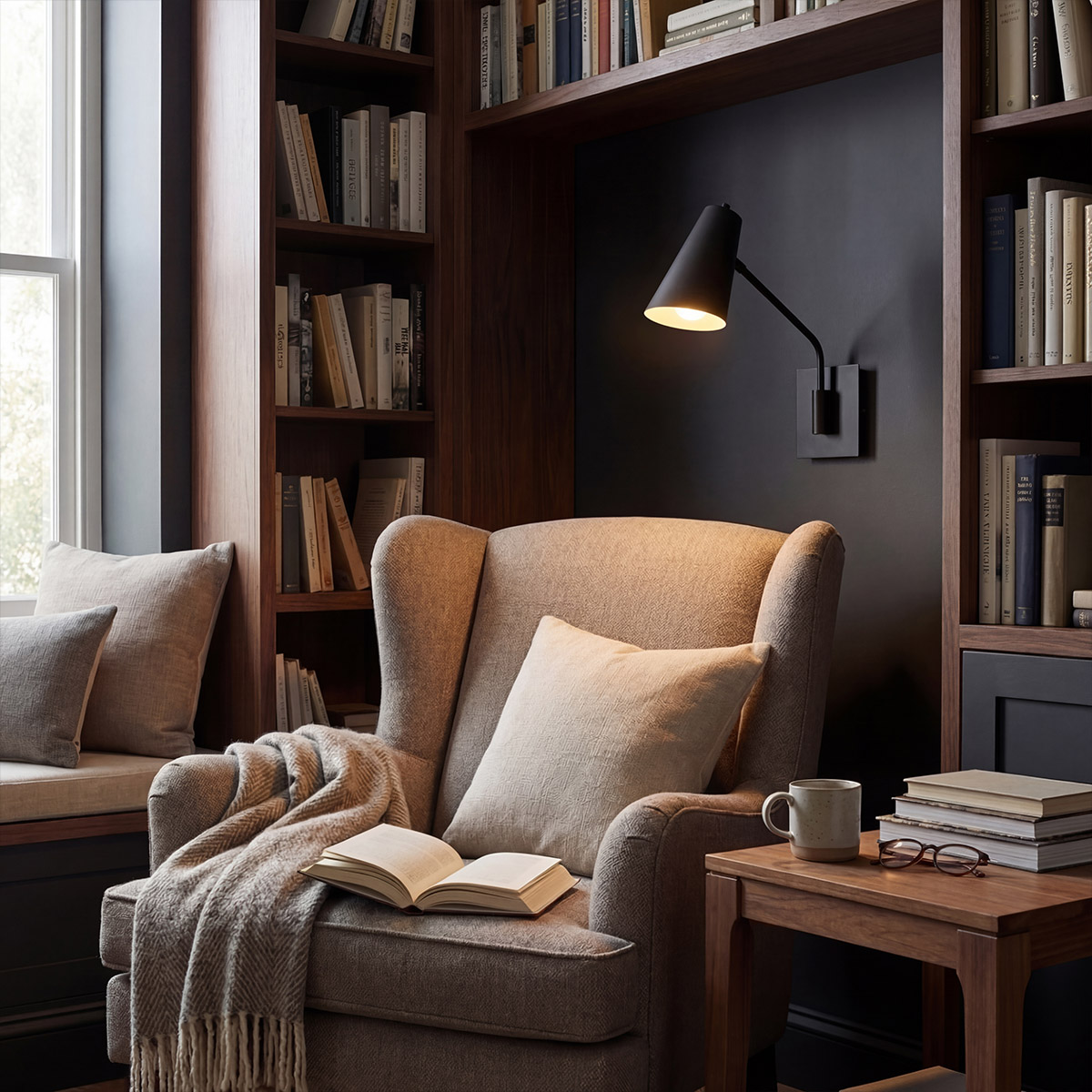 Bray 42cm Zwart leeslamp Van Elstead Lighting - Het slanke ontwerp maakt de lamp een goede keuze als nachtlampje, boven de bank of in een fauteuil.