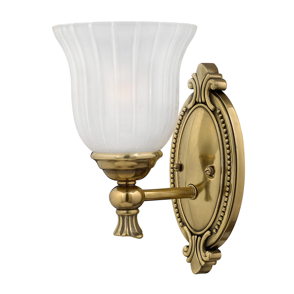 Francoise Ø15 Messing badkamerlamp Van Elstead Lighting - De prachtige kap van matglas met een gecanneleerd design verspreidt zacht licht en de decoratieve messing voet zorgt voor een stijlvolle toets.