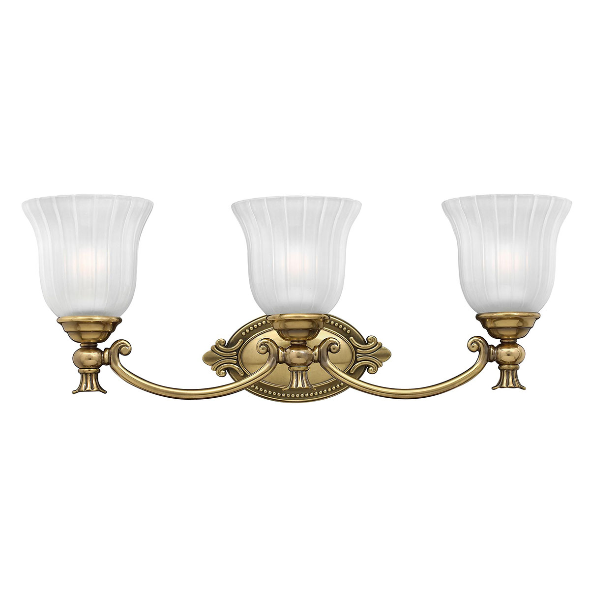 Francoise 64cm Messing badkamerlamp Van Elstead Lighting - De prachtige kap van matglas met een gecanneleerd design verspreidt zacht licht en de decoratieve messing voet zorgt voor een stijlvolle toets.