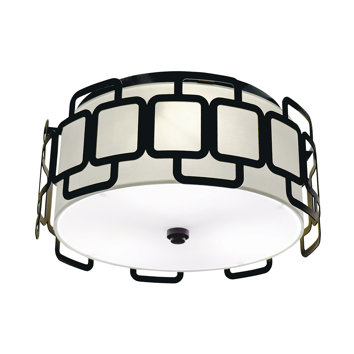Sabina Ø38 Zwart plafondlamp Van Elstead Lighting - De geometrische constructie van zwart staal cre&euml;ert een stijlvol patroon rond de cr&egrave;mekleurige textielen kap en geeft de lamp een modern karakter.