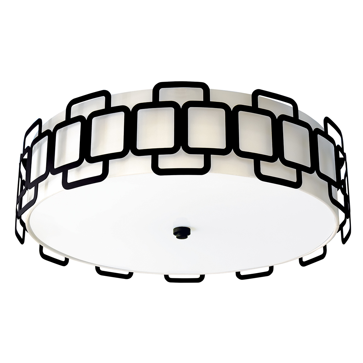 Sabina Ø57 Zwart plafondlamp Van Elstead Lighting - De geometrische constructie van zwart staal cre&euml;ert een stijlvol patroon rond de cr&egrave;mekleurige textielen kap en geeft de lamp een modern karakter.