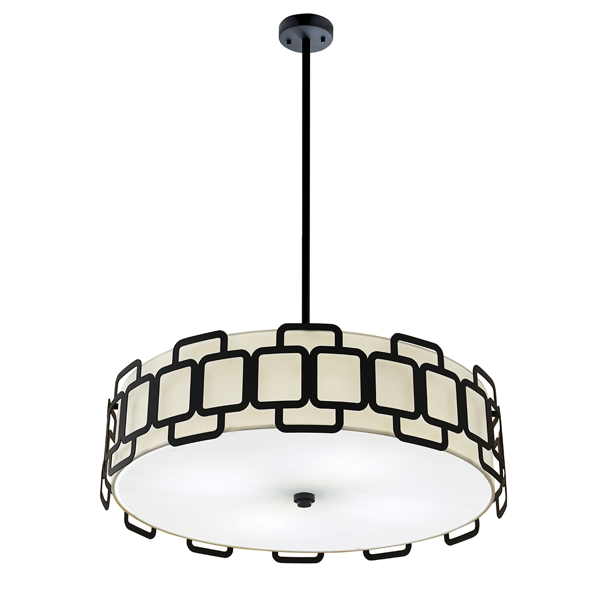 Sabina Ø57 Zwart hanglamp Van Elstead Lighting - De geometrische constructie van zwart staal cre&euml;ert een stijlvol patroon rond de cr&egrave;mekleurige textielen kap en geeft de lamp een modern karakter.
