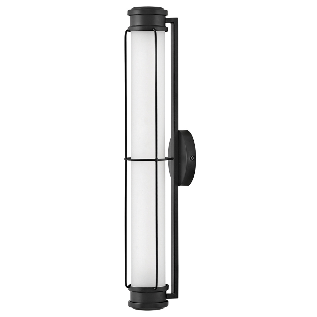 Saylor 60cm Zwart badkamerlamp Van Elstead Lighting - De lamp is gemaakt van metaal met een matzwarte afwerking en heeft een langwerpig opaalglas dat een gelijkmatig en fijn licht verspreidt.