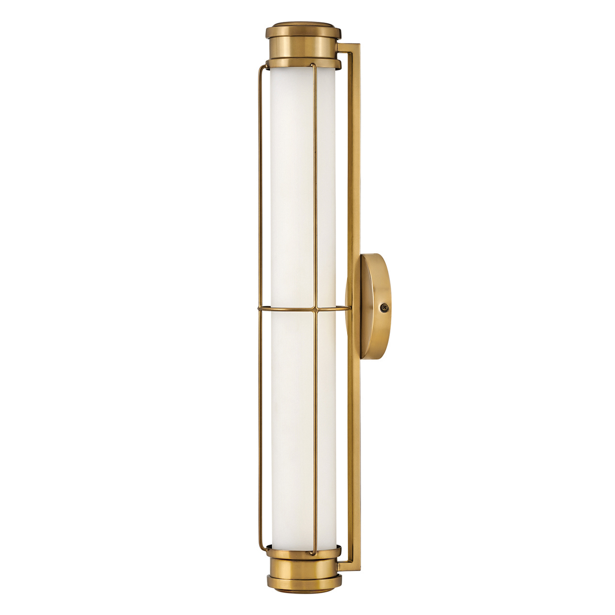 Saylor 60cm Messing badkamerlamp Van Elstead Lighting - De lamp is gemaakt van metaal met een warme messing afwerking en heeft een langwerpig opaalglas dat een gelijkmatig en fijn licht verspreidt.