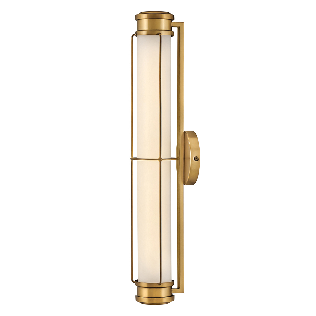 Saylor 60cm Messing badkamerlamp Van Elstead Lighting - De lamp is gemaakt van metaal met een warme messing afwerking en heeft een langwerpig opaalglas dat een gelijkmatig en fijn licht verspreidt.
