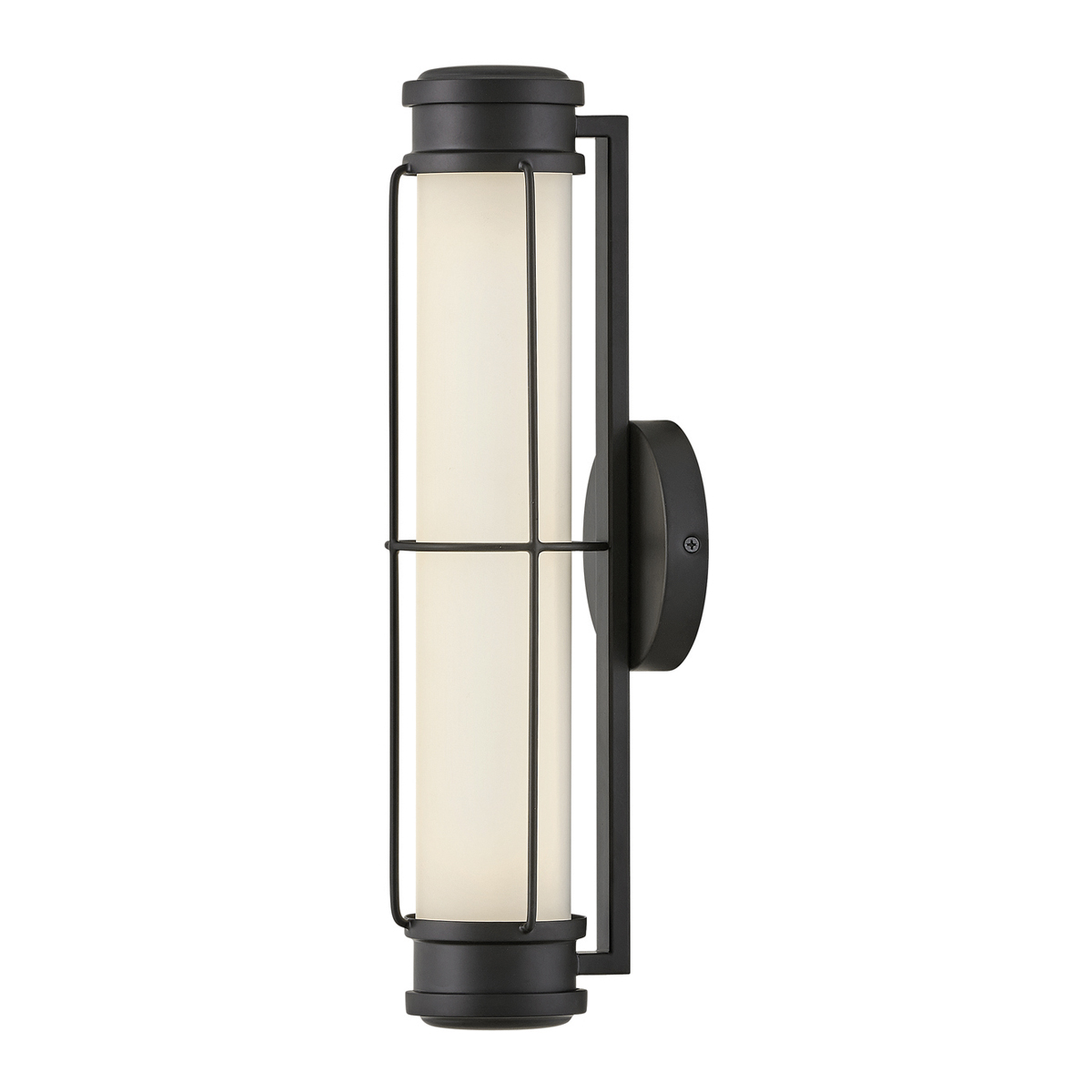 Saylor 43cm Zwart badkamerlamp Van Elstead Lighting - De lamp is gemaakt van metaal met een matzwarte afwerking en heeft een langwerpig opaalglas dat een gelijkmatig en fijn licht verspreidt.