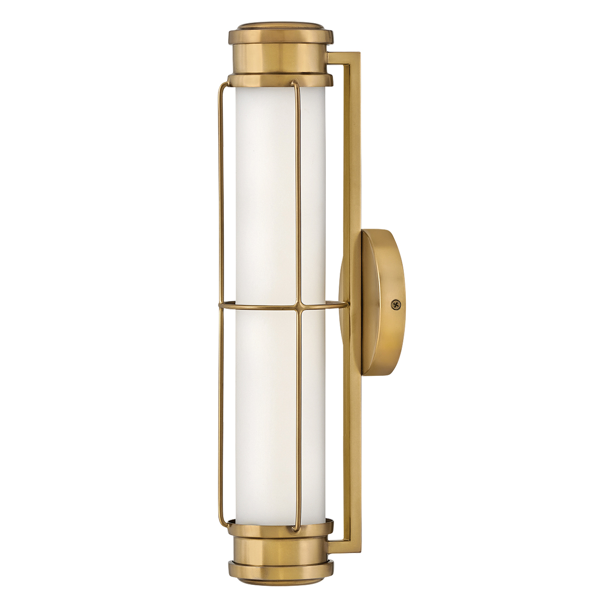 Saylor 43cm Messing badkamerlamp Van Elstead Lighting - De lamp is gemaakt van metaal met een warme messing afwerking en heeft een langwerpig opaalglas dat een gelijkmatig en fijn licht verspreidt.
