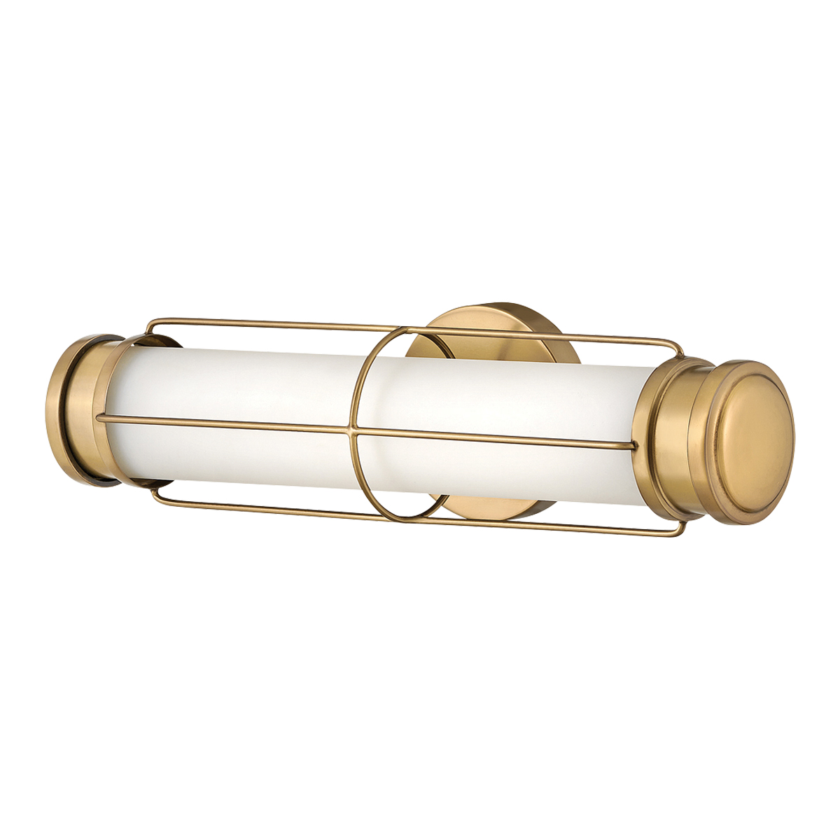 Saylor 43cm Messing badkamerlamp Van Elstead Lighting - De lamp is gemaakt van metaal met een warme messing afwerking en heeft een langwerpig opaalglas dat een gelijkmatig en fijn licht verspreidt.