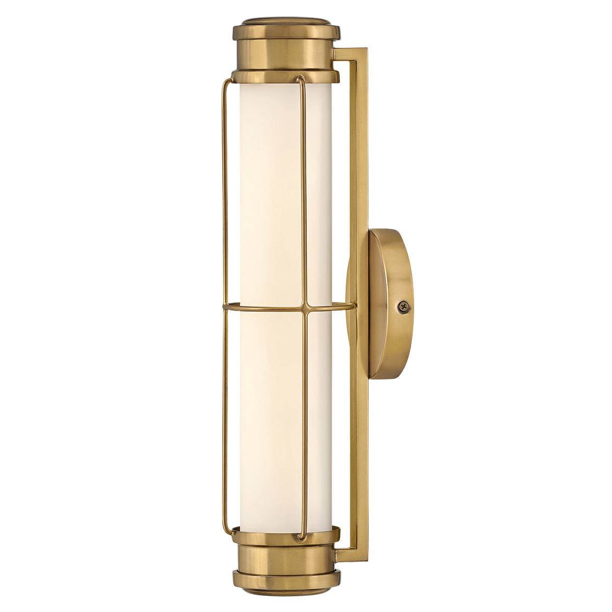 Saylor 43cm Messing badkamerlamp Van Elstead Lighting - De lamp is gemaakt van metaal met een warme messing afwerking en heeft een langwerpig opaalglas dat een gelijkmatig en fijn licht verspreidt.
