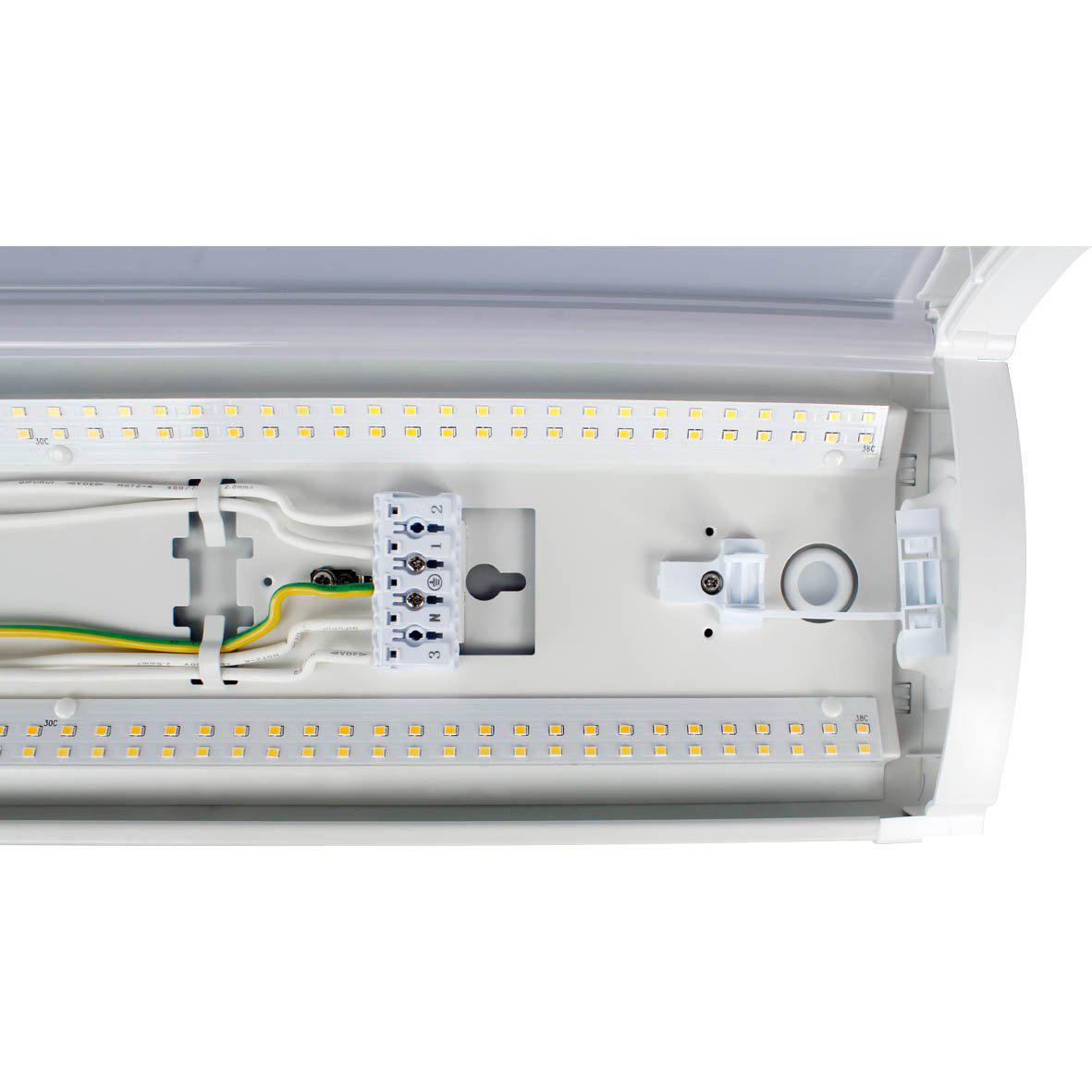 Liny Grab 3000/4000K 120cm Wit Van Designlight - De opalen, diffuus koepel zorgt voor gecontroleerde vermindering van verblinding en een gelijkmatige lichtverdeling over het oppervlak, waardoor een aangename verlichtingsomgeving ontstaat, bijvoorbeeld in gangen, magazijnen, garages en parkeergarages.