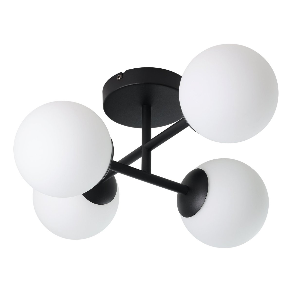 Castrivido 48cm Zwart badkamerlamp Van Eglo - De lamp is gemaakt van zwart metaal en heeft vier ronde, opalen glazen koepels die een zacht en gelijkmatig licht verspreiden.