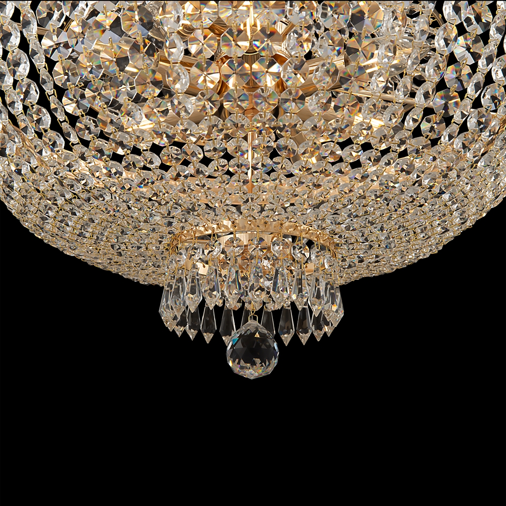Bella Ø50 Goud kristal Van Maytoni - De fonkelende prisma's die de gehele lamp omringen, weerkaatsen het licht en cre&euml;ren een betoverende gloed in de kamer.