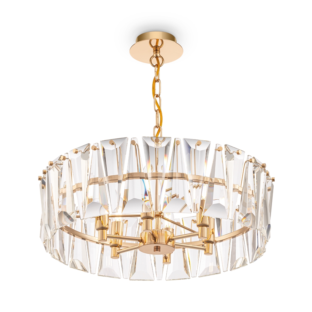 Puntes Ø52 Goud kristal Van Maytoni - Puntes is een elegante plafondkroonluchter van goudkleurig metaal met fonkelende prisma's die de lichtbronnen omringen en een magisch lichtspel cre&euml;ren wanneer de lamp brandt.