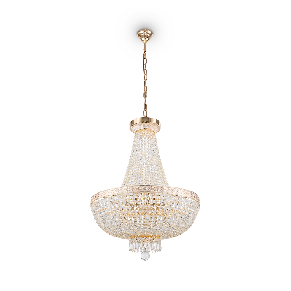 Bella Ø50 Goud kristal Van Maytoni - De fonkelende prisma's die de gehele lamp omringen, weerkaatsen het licht en cre&euml;ren een betoverende gloed in de kamer.