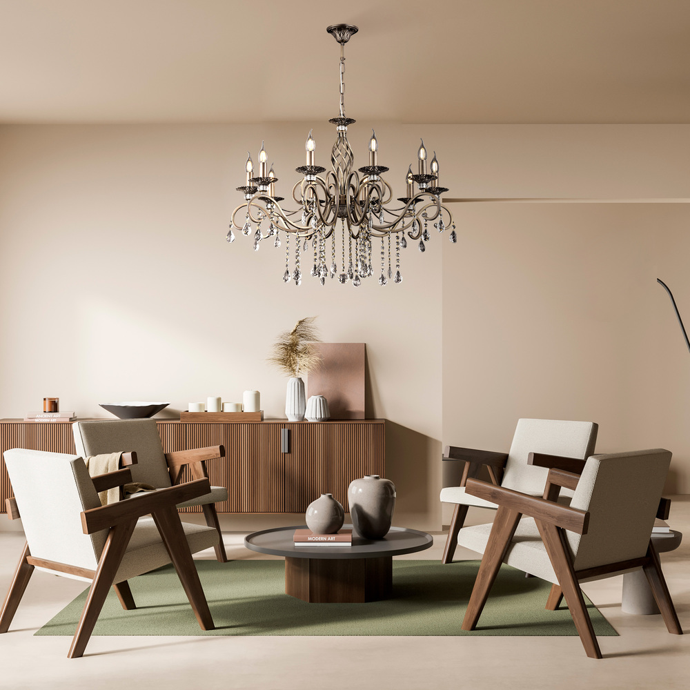 Grace Ø85 Bronzen hanglamp Van Maytoni - Het klassieke ontwerp met vloeiende armen en kristallen details cre&euml;ert een tijdloze en verfijnde sfeer.