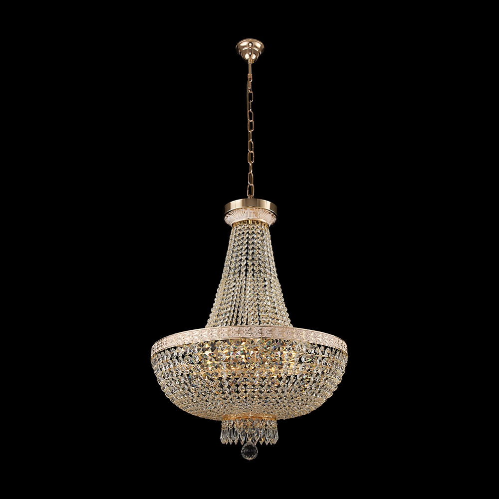 Bella Ø50 Goud kristal Van Maytoni - De fonkelende prisma's die de gehele lamp omringen, weerkaatsen het licht en cre&euml;ren een betoverende gloed in de kamer.