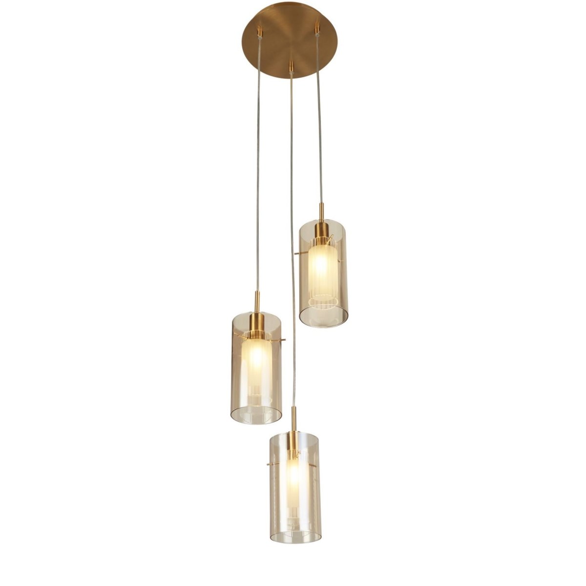 Duo Ø26 Bronzen hanglamp Van Searchlight - De lamp is gemaakt van metaal met een stijlvolle bronzen afwerking en heeft drie cilindrische glazen kappen van amberkleurig glas.