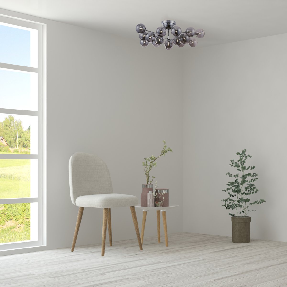 Dallas 20 Chroom plafondlamp Van Maytoni - Het unieke ontwerp met ronde glazen koepels in verschillende richtingen creëert een dramatisch en elegant lichtspel dat de kamer vult met warmte en karakter.