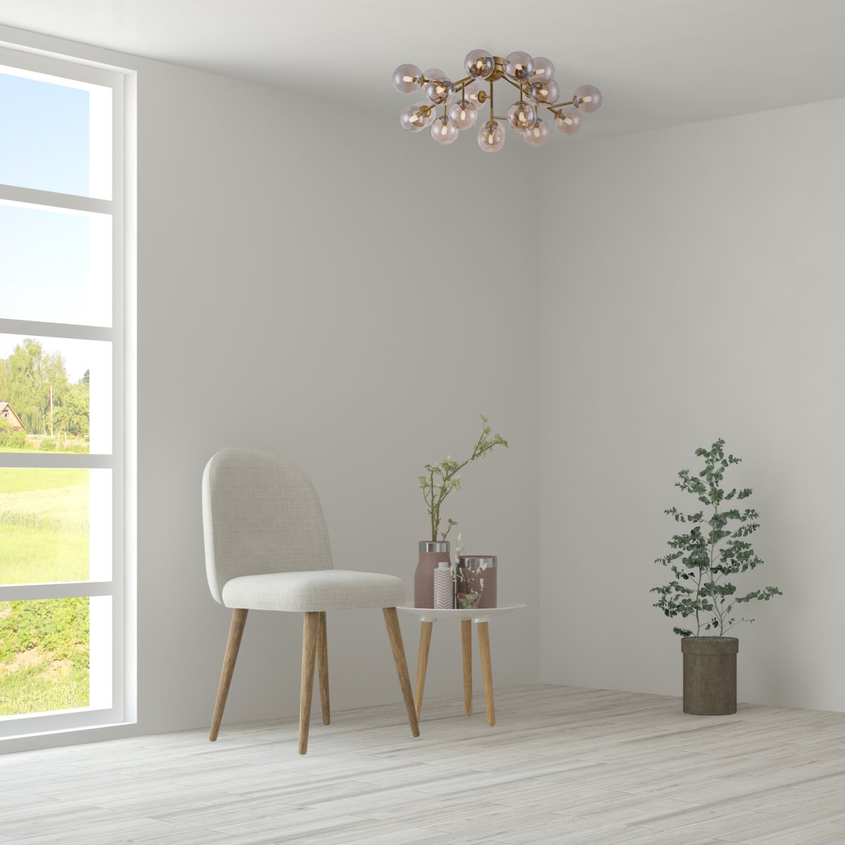 Dallas 20 Goud plafondlamp Van Maytoni - Het unieke ontwerp met ronde glazen koepels in verschillende richtingen creëert een dramatisch en elegant lichtspel dat de kamer vult met warmte en karakter.