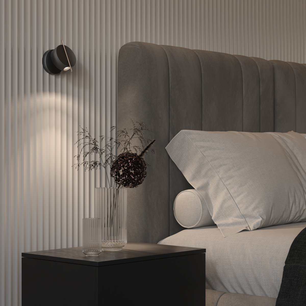 Nuance Ø10 Zwart wandlamp Van Maytoni - De draaibare voet en de verstelbare lichtbron, die u met een elegante metalen staaf eenvoudig kunt verstellen, zorgen voor comfortabel werklicht en een gezellige sfeer in de slaapkamer.