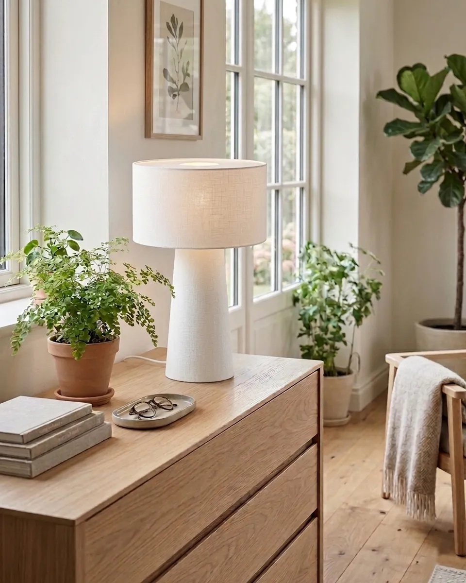 Linum 50cm Wit tafellamp Van By Rydéns - De linnen stof zorgt voor een warm en aangenaam licht, terwijl de ingebouwde anti-verblindingsbescherming een zachte lichtverspreiding garandeert en een gezellige sfeer in de kamer cre&euml;ert.