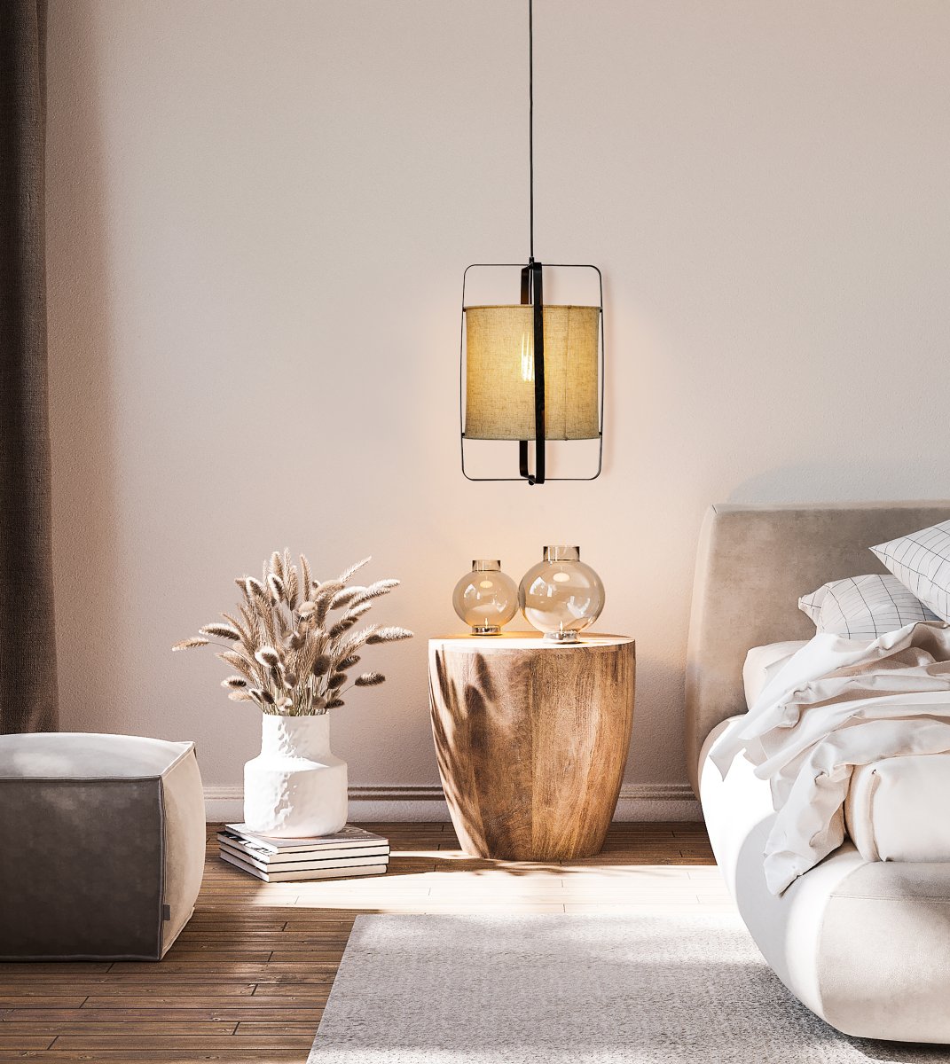 Ronda Ø30 Natuur hanglamp Van Aneta Lighting - Ronda is een moderne plafondlamp met een metalen frame en een linnenachtige stof die een warme en gezellige sfeer cre&euml;ert.