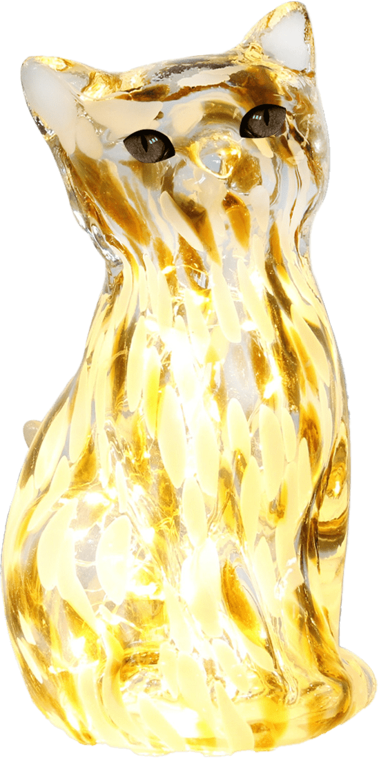 Katt 22cm Bruin/wit tafellamp Van Pixie Design - Deze decoratieve glazen tafellamp heeft de vorm van een elegante kat en een gemarmerd oppervlak in bruin-witte tinten, waardoor elk exemplaar een unieke uitstraling krijgt.