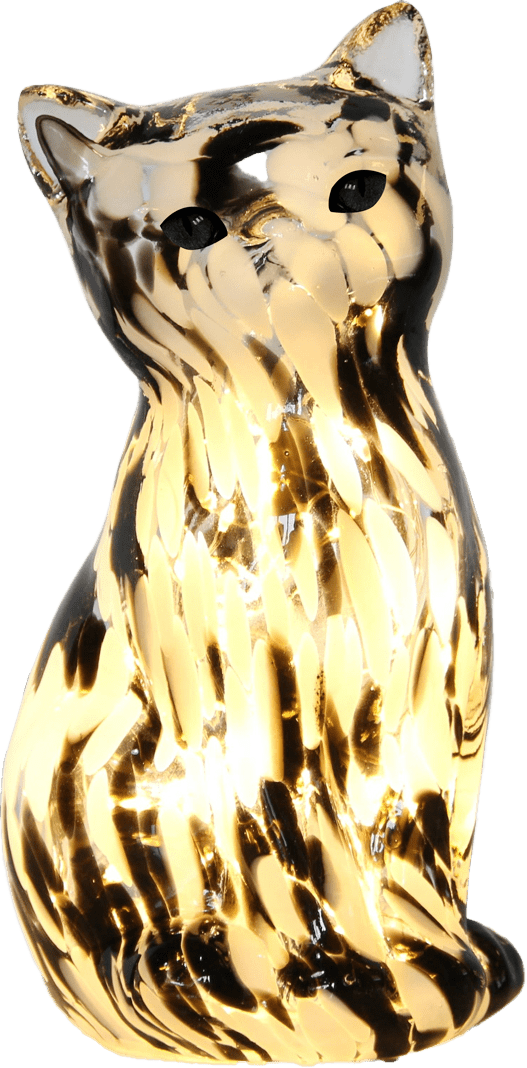 Katt 22cm Zwart-wit tafellamp Van Pixie Design - Deze decoratieve glazen tafellamp heeft de vorm van een elegante kat en een gemarmerd oppervlak in zwart-wit, waardoor elk exemplaar een unieke uitstraling krijgt.