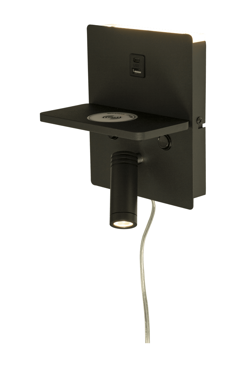 Astor Zwart leeslamp Van Aneta Lighting - Astor beschikt bovendien over een praktisch plankje met een draadloze oplader voor uw mobiele telefoon en aan de voorzijde bevinden zich twee USB-aansluitingen (USB A en C).