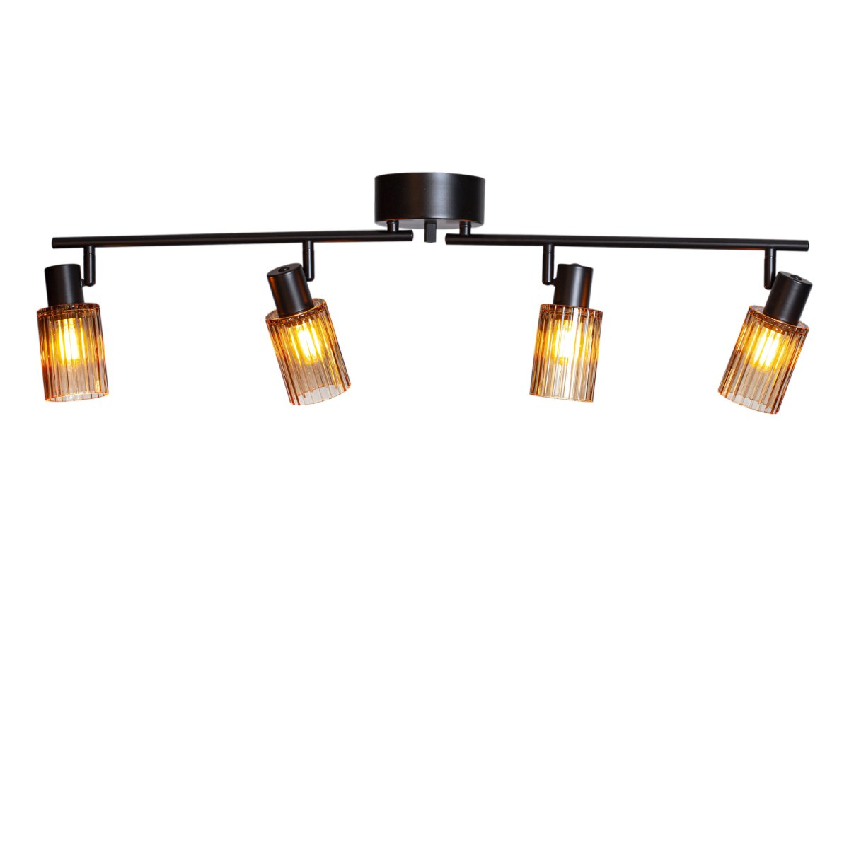 Kiera 4 Zwart/amber spot Van Cottex - De getinte glazen kappen zorgen voor een decoratief en sfeervol licht, terwijl de geribbelde structuur een prachtig lichtspel cre&euml;ert.