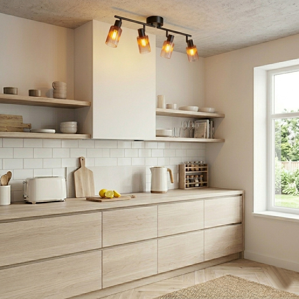 Kiera 4 Zwart/amber spot Van Cottex - De getinte glazen kappen zorgen voor een decoratief en sfeervol licht, terwijl de geribbelde structuur een prachtig lichtspel cre&euml;ert.