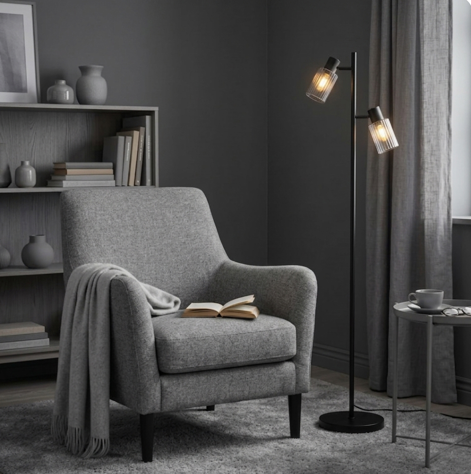 Kiera 2 Zwart/Rookkleurig vloerlamp Van Cottex - Het getinte glas zorgt voor een zacht en sfeervol licht, terwijl de geribbelde structuur een prachtig lichtspel cre&euml;ert.
