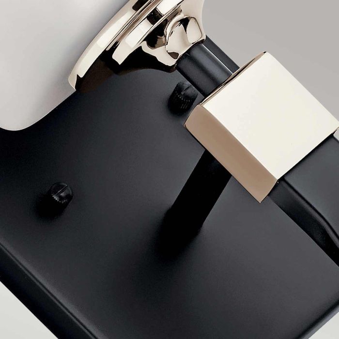 Marette 40cm Zwart badkamerlamp Van Elstead Lighting - De wandlamp Marette heeft een elegante, gedraaide arm in een zwarte afwerking met nikkeldetails en een lampenkap van geëtst satijnen opaalglas.