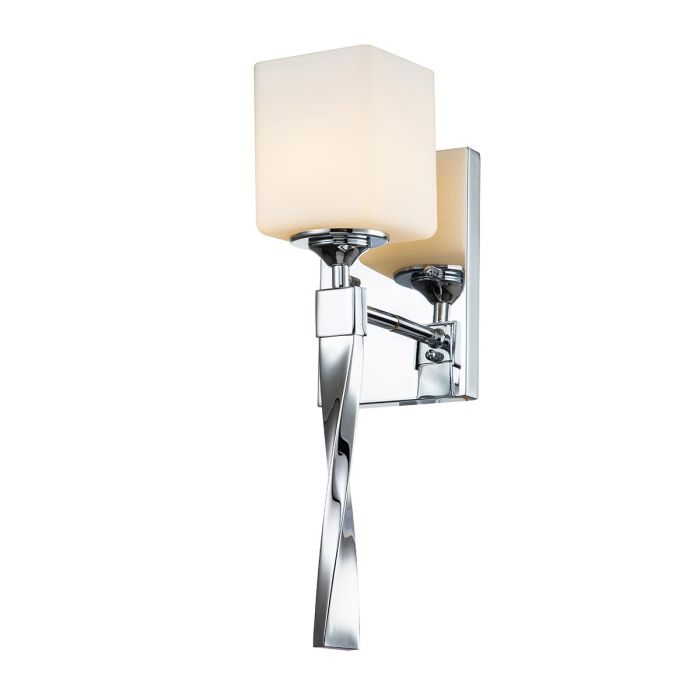Marette 40cm Chroom badkamerlamp Van Elstead Lighting - De wandlamp Marette heeft een elegante, gedraaide arm van gepolijst chroom en een lampenkap van satijngeëtst opaalglas.