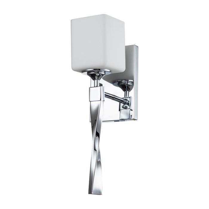 Marette 40cm Chroom badkamerlamp Van Elstead Lighting - De wandlamp Marette heeft een elegante, gedraaide arm van gepolijst chroom en een lampenkap van satijngeëtst opaalglas.