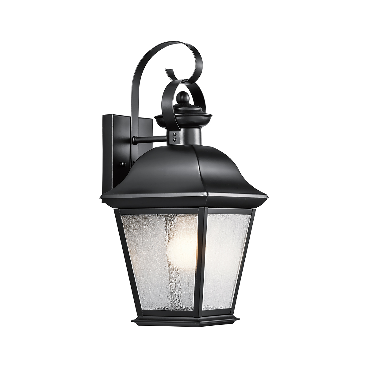 Mount Vernon Zwart buitenlamp Van Elstead Lighting - De armatuur is gemaakt van zwart metaal en gecombineerd met helder glas met een prachtig ruwe structuur die de lamp een levendige en karakteristieke uitstraling geeft.