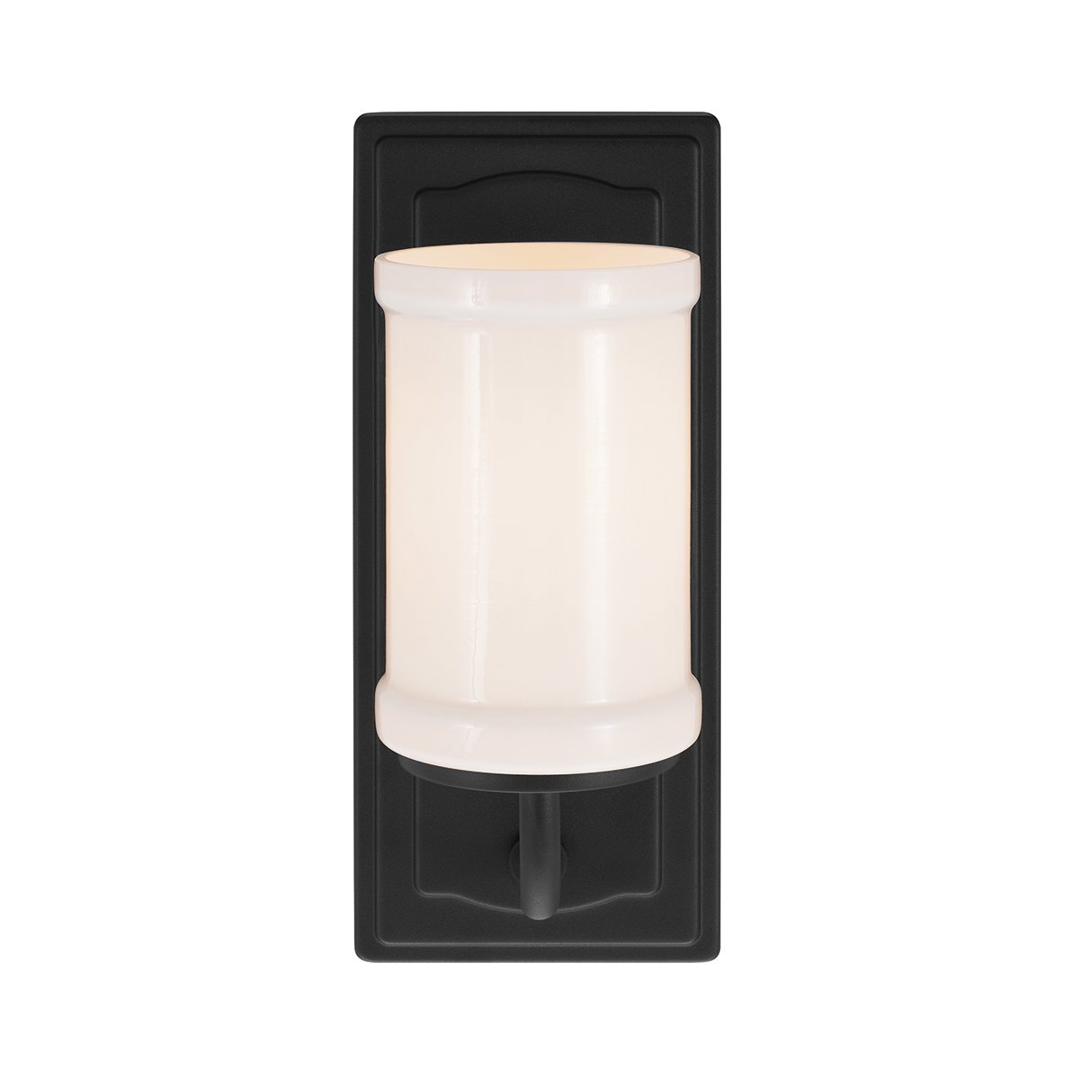 Vetivene 30cm Zwart badkamerlamp Van Elstead Lighting - Het stalen frame met een gestructureerd zwart oppervlak zorgt voor een exclusieve uitstraling, terwijl het cilindrische opalen glas een zacht en aangenaam licht verspreidt.