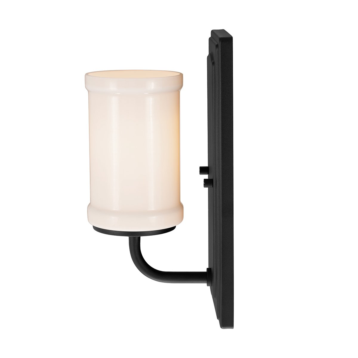 Vetivene 30cm Zwart badkamerlamp Van Elstead Lighting - Het stalen frame met een gestructureerd zwart oppervlak zorgt voor een exclusieve uitstraling, terwijl het cilindrische opalen glas een zacht en aangenaam licht verspreidt.