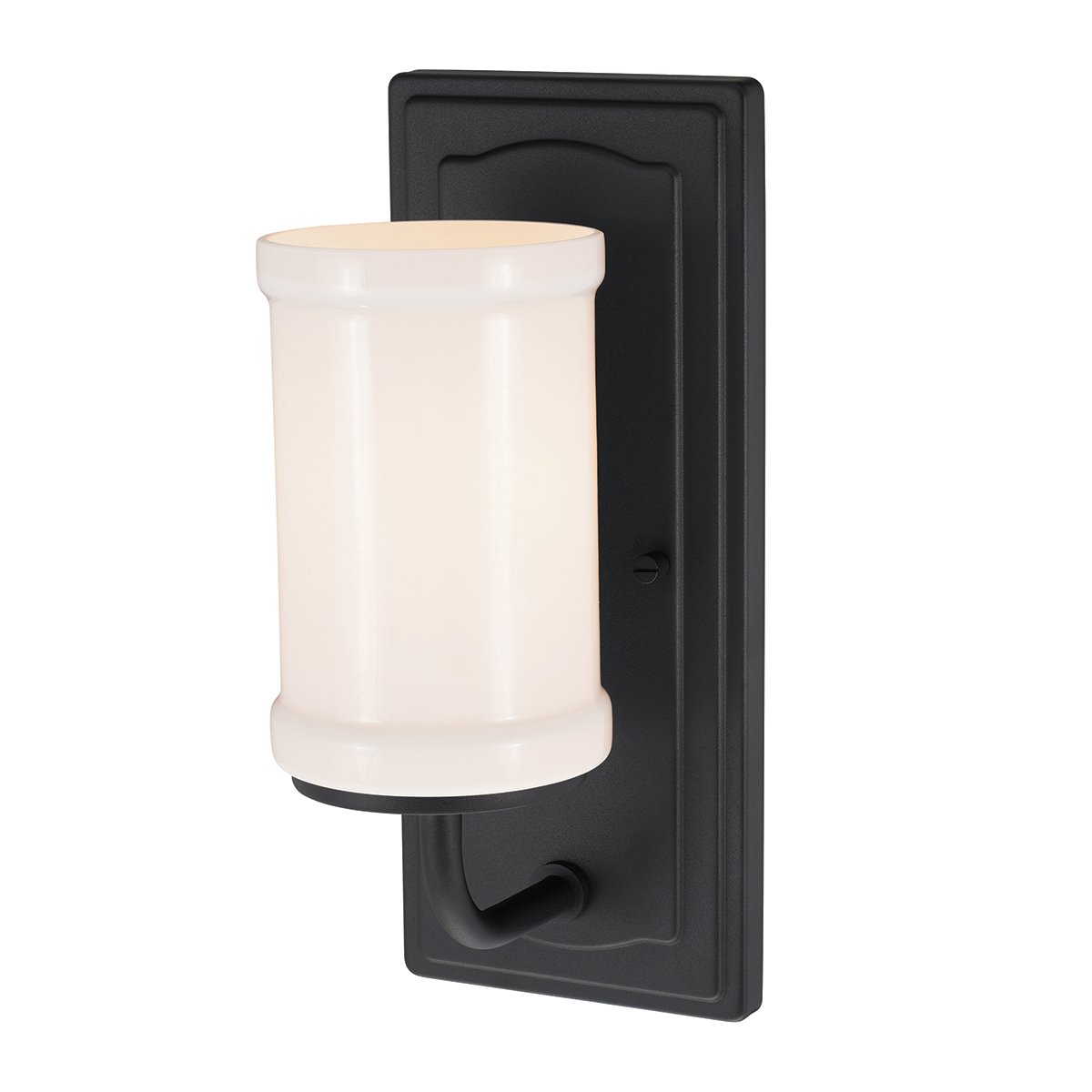 Vetivene 30cm Zwart badkamerlamp Van Elstead Lighting - Het stalen frame met een gestructureerd zwart oppervlak zorgt voor een exclusieve uitstraling, terwijl het cilindrische opalen glas een zacht en aangenaam licht verspreidt.