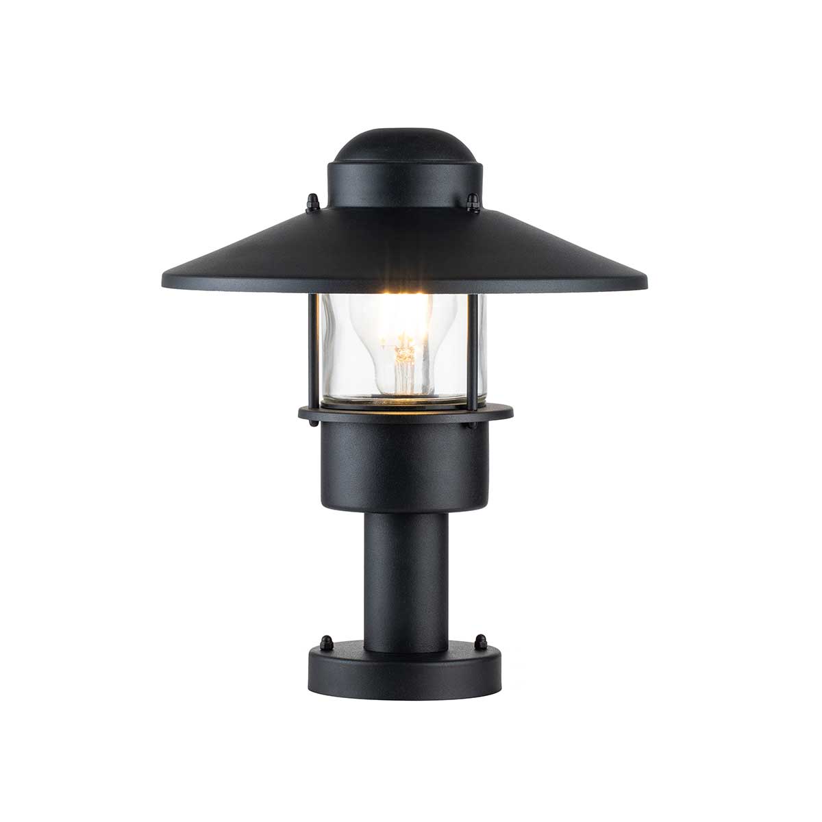 Klampenborg 32cm Zwart Van Elstead Lighting - Tillverkad av rostfritt st&aring;l i svart finish och glas, erbjuder den en robust konstruktion som st&aring;r emot v&auml;der och vind.