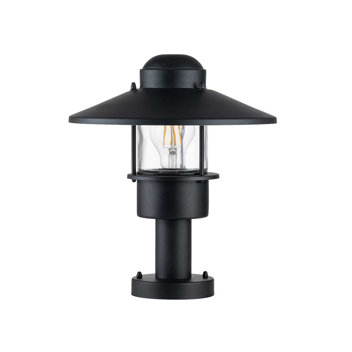 Klampenborg 32cm Zwart Van Elstead Lighting - Tillverkad av rostfritt st&aring;l i svart finish och glas, erbjuder den en robust konstruktion som st&aring;r emot v&auml;der och vind.