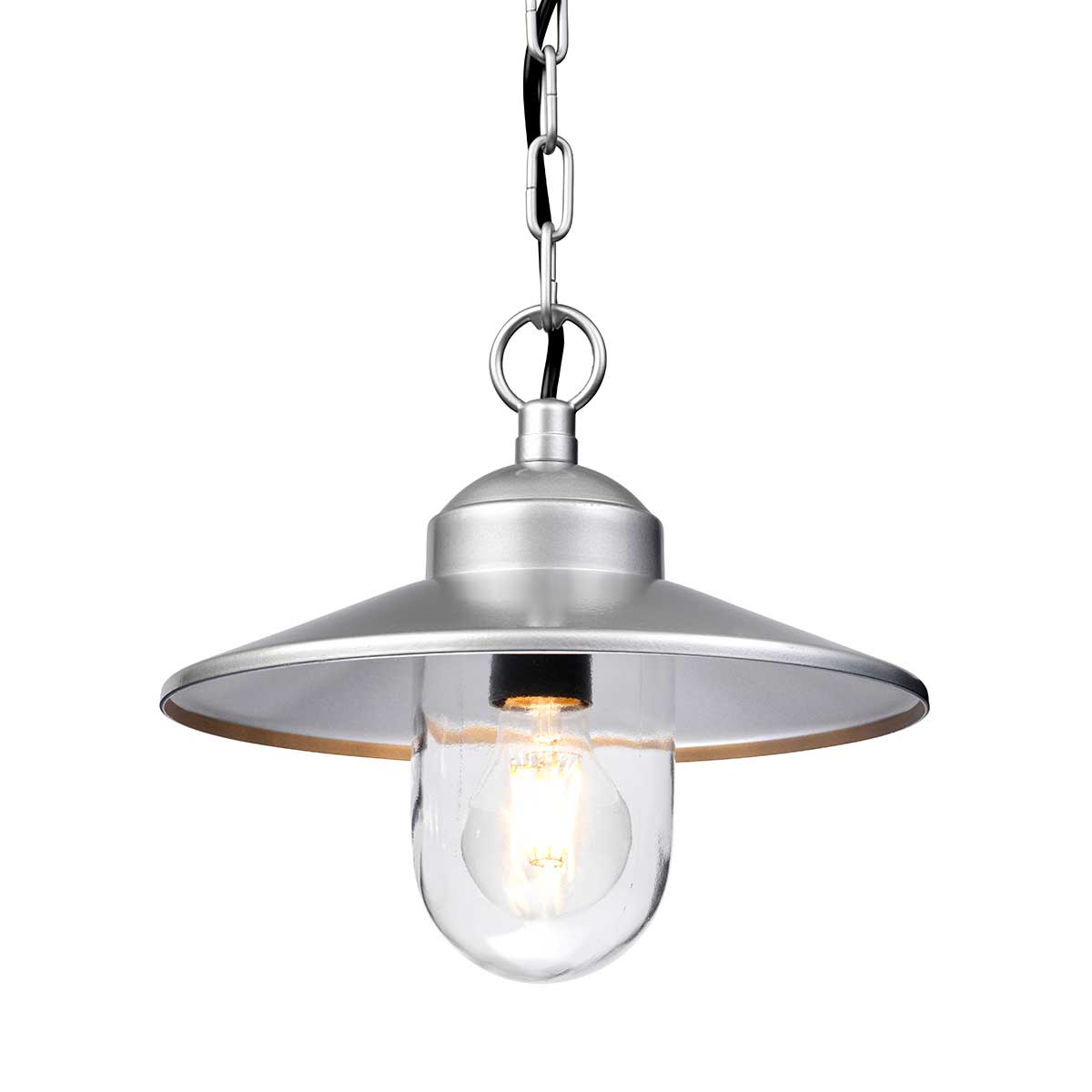 Klampenborg Ø28 Zilver Van Elstead Lighting - Tillverkad av rostfritt st&aring;l i silverfinish och glas, erbjuder den en robust konstruktion som st&aring;r emot v&auml;der och vind.